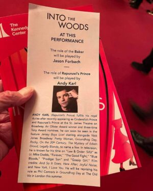 Andy Karl Instagram - 🎶This was just a moment in the woods🎶 
Come see me & this incredible cast of @intothewoodsbroadway @kennedycenter if you can👍🏻 
Thanks for having me back! 📸 @michaelrupertofficial 
.
.
.
#intothewoods #kennedycenter #rapunzel #agony #sondheim #guessihadmytimeagainagain 🤪
