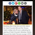 Andy Karl Instagram - When @andy_karl + @orfeh host a 🎄 sing-a-long 🎤 at the @parkterracehotel with @hotelchocolatusa serving up hot cocoa and and espresso 🍸. 🫶🏼Did @will.linendoll and I make a 🎄 music video with Orfeh and Andy? 🫶🏼Did @pompomcharlie sing backup for @andy_karl? 🫶🏼Was there a Page Six article? 🫶🏼Was I reunited with my chosen family? 🫶🏼Did I give @orfeh my @rpzlrpzl headband because she is the 👸🏻? 🫶🏼Does @parkterracehotel’ 6th floor bar/terrace @terrazzobryantpark have the most perfect view of Bryant Park? The answer is yes. And it’s all documented in this carousel♥️Happy holidays! #bryantpark #parkterrace #orfeh #andykarl Park Terrace Hotel