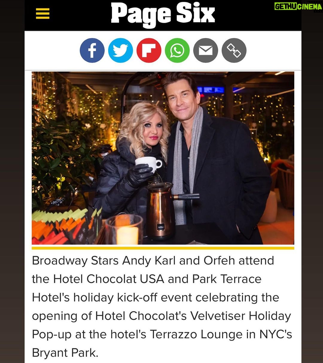 Andy Karl Instagram - When @andy_karl + @orfeh host a 🎄 sing-a-long 🎤 at the @parkterracehotel with @hotelchocolatusa serving up hot cocoa and and espresso 🍸. 🫶🏼Did @will.linendoll and I make a 🎄 music video with Orfeh and Andy? 🫶🏼Did @pompomcharlie sing backup for @andy_karl? 🫶🏼Was there a Page Six article? 🫶🏼Was I reunited with my chosen family? 🫶🏼Did I give @orfeh my @rpzlrpzl headband because she is the 👸🏻? 🫶🏼Does @parkterracehotel’ 6th floor bar/terrace @terrazzobryantpark have the most perfect view of Bryant Park? The answer is yes. And it’s all documented in this carousel♥️Happy holidays! #bryantpark #parkterrace #orfeh #andykarl Park Terrace Hotel