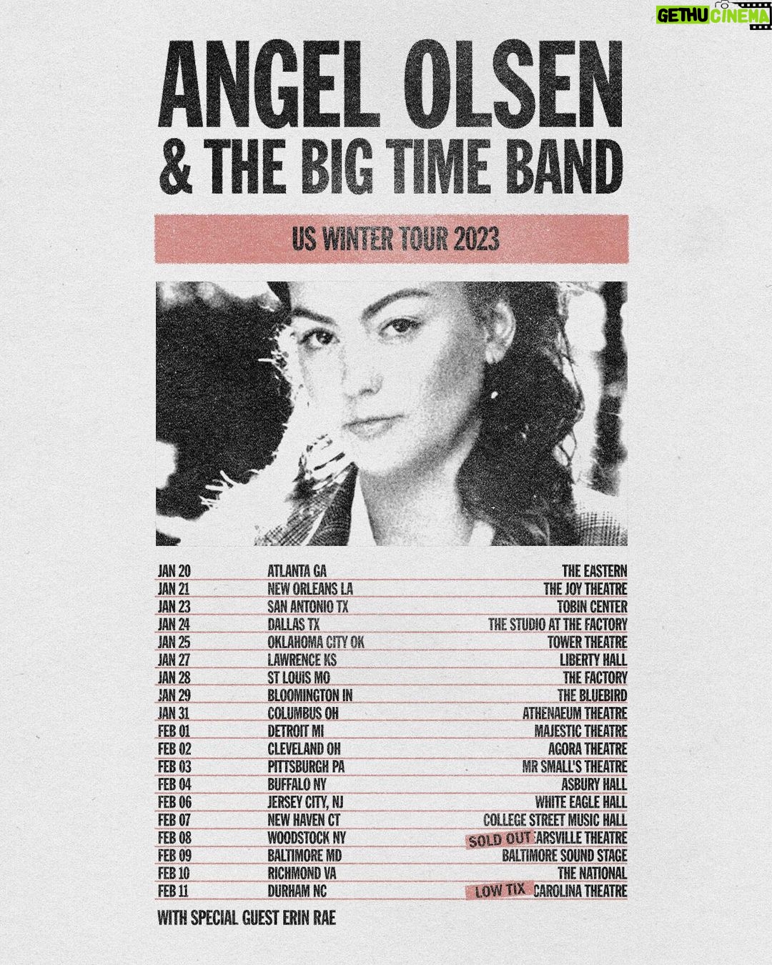 Angel Olsen Instagram - Winter Tour 2023 is around the corner. Thrilled to head back out with the band and visit a few new places, and return to others. And happy to announce a new show in Jersey City on Feb 6 at White Eagle Hall. The amazing @erinraemusic is out with us for all dates. Tickets on sale now. Tickets for White Eagle Hall on sale Friday. Artist Presale starts tomorrow. January 20 - Atlanta, GA @ The Eastern January 21 - New Orleans, LA @ The Joy Theater January 23 - San Antonio, TX @ Tobin Center January 24 - Dallas, TX @ The Studio at The Factory January 25 - Oklahoma City, OK @ Tower Theatre January . 27 - Lawrence KS @ Liberty Hall January 28 - St Louis MO @ The Factory January 29 - Bloomington IN @ The Bluebird January 31 - Columbus, OH @ Athenaeum Theatre February 1 - Detroit MI @ Majestic Theatre February 2 - Cleveland OH- Agora Theatre February 3 - Pittsburgh PA @ Mr Small's Theatre February 4 - Buffalo, NY @ Asbury Hall February 6 - Jersey City, NJ @ White Eagle Hall February 7 - New Haven, CT @ College Street Music Hall February 8 - Woodstock, NY @ Bearsville Theatre (Sold Out) February 9 - Baltimore, MD @ Baltimore Soundstage February 10 - Richmond, VA @ The National February 11 - Durham, NC @ Carolina Theatre (Low Ticket Warning) Photo by @redjuicyjumpsuit