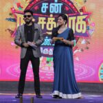 Angelin B Instagram - Sun Natchathra kondatam- Viruthunagar With rockstar @vjrakesh_offl 🧿🧿 #vjangelin #angelin #suntv #sunmusic #ssmusic #viruthunagar #host #anchorlife #vibe #josh #onegoodmemory #stage #love #trendingnow