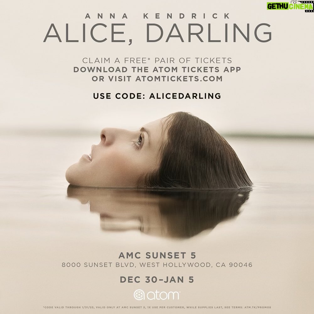 Anna Kendrick Instagram - Hello, Los Angeles! I am excited to share my new movie ALICE, DARLING with the world, and those of you in L.A. have a chance to see it first! ALICE, DARLING opens this Friday (12/30) for a one-week special engagement at the AMC Sunset 5 in West Hollywood, and I have a limited number of tickets to give away via @atomtickets. Just use the code “ALICEDARLING” at checkout for a free pair of tickets, while supplies last.  Get tickets: atm.tk/alice