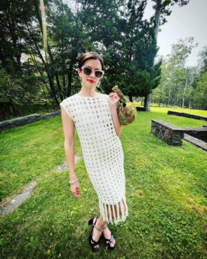 Anna Wood Instagram - Well I was originally going to a certain premiere of a certain movie with a certain man I love in it. But I ain’t no scab, hunty. #SagStrike #UnionStrong #payyourartists 

I can’t help but feel honored and thankful to the amazing upstate designers I was lucky to collab with on this insanely cool lewk. To @eleven.six for this modern, timeless, comfy, elevated, effortless dream dress: THANK YOU! To @madebymle for this functional art that both glams me up tenfold, makes the room sparkle, and hides my snacks: THANK YOU! And of course to @waginnboarding for always welcoming my poodle with open arms: THANK YOU! 
Hair/make up: me 😎
Glasses: @dleyewear 
Shoes/bracelet/earrings: @prada 
Photography/resident hottie: @danedehaan