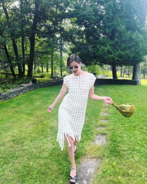 Anna Wood Instagram - Well I was originally going to a certain premiere of a certain movie with a certain man I love in it. But I ain’t no scab, hunty. #SagStrike #UnionStrong #payyourartists 

I can’t help but feel honored and thankful to the amazing upstate designers I was lucky to collab with on this insanely cool lewk. To @eleven.six for this modern, timeless, comfy, elevated, effortless dream dress: THANK YOU! To @madebymle for this functional art that both glams me up tenfold, makes the room sparkle, and hides my snacks: THANK YOU! And of course to @waginnboarding for always welcoming my poodle with open arms: THANK YOU! 
Hair/make up: me 😎
Glasses: @dleyewear 
Shoes/bracelet/earrings: @prada 
Photography/resident hottie: @danedehaan