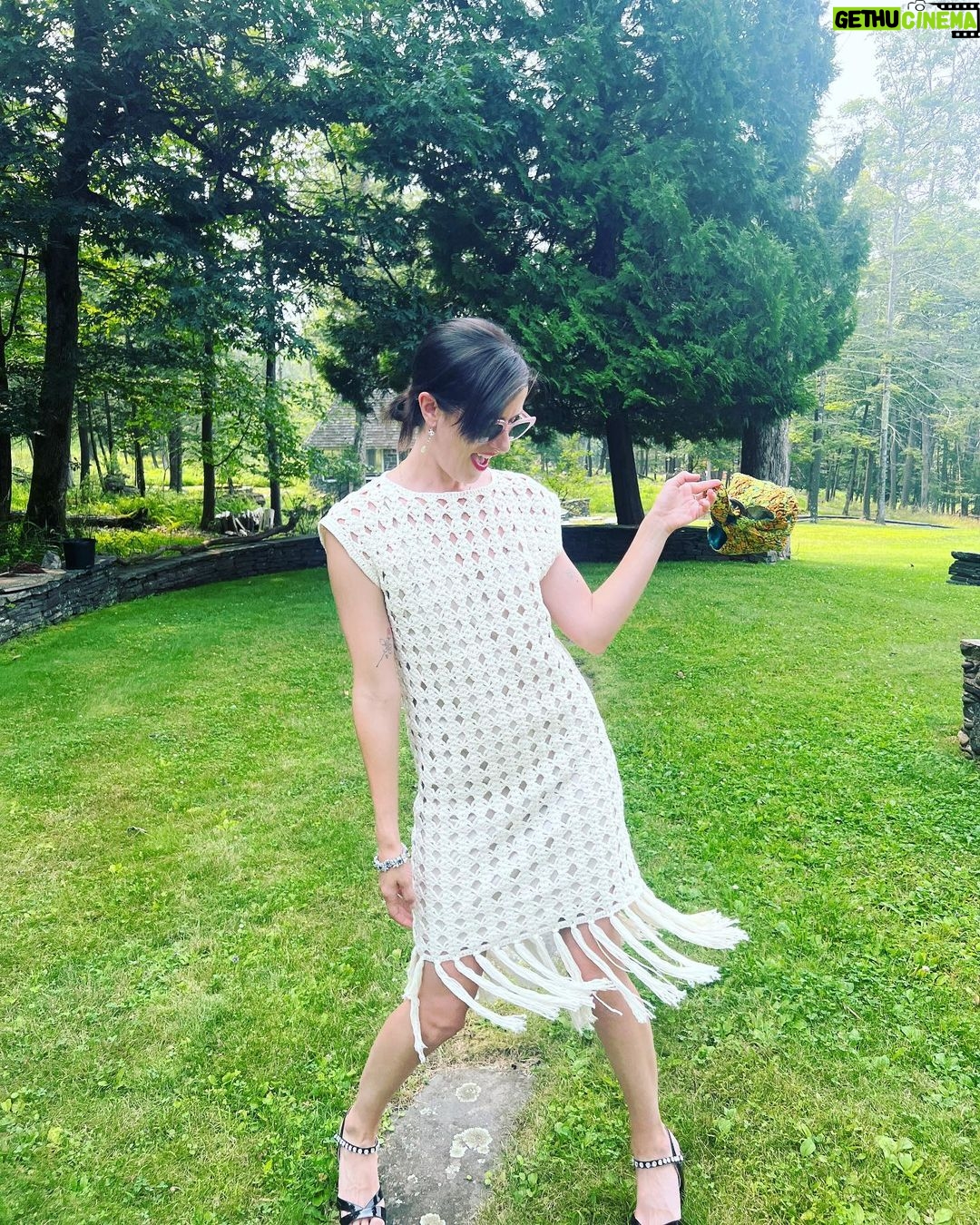 Anna Wood Instagram - Well I was originally going to a certain premiere of a certain movie with a certain man I love in it. But I ain’t no scab, hunty. #SagStrike #UnionStrong #payyourartists I can’t help but feel honored and thankful to the amazing upstate designers I was lucky to collab with on this insanely cool lewk. To @eleven.six for this modern, timeless, comfy, elevated, effortless dream dress: THANK YOU! To @madebymle for this functional art that both glams me up tenfold, makes the room sparkle, and hides my snacks: THANK YOU! And of course to @waginnboarding for always welcoming my poodle with open arms: THANK YOU! Hair/make up: me 😎 Glasses: @dleyewear Shoes/bracelet/earrings: @prada Photography/resident hottie: @danedehaan