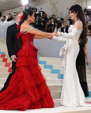 Anne Hathaway Instagram - Thank you so much to the birthday girl @donatella_versace for having me last night! It was a great evening with even greater friends in a custom dress by @versace with incredible jewels by @bulgari. Thank you so much to the incomparable Anna Wintour and the entire team at @voguemagazine. 
And Happy Birthday Donatella!!!!
#metgala