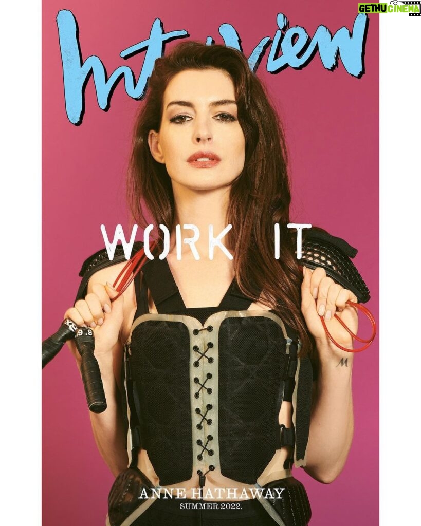 Anne Hathaway Instagram - This shoot was 🔥 and FUN! Thank you to brilliant @interviewmag, amazing @collierschorrstudio and the insane constellation of friends and icons who contributed questions to “Ask Anne Anything!” This issue is on newsstands (how chic!) and, of course, on their website. #workit