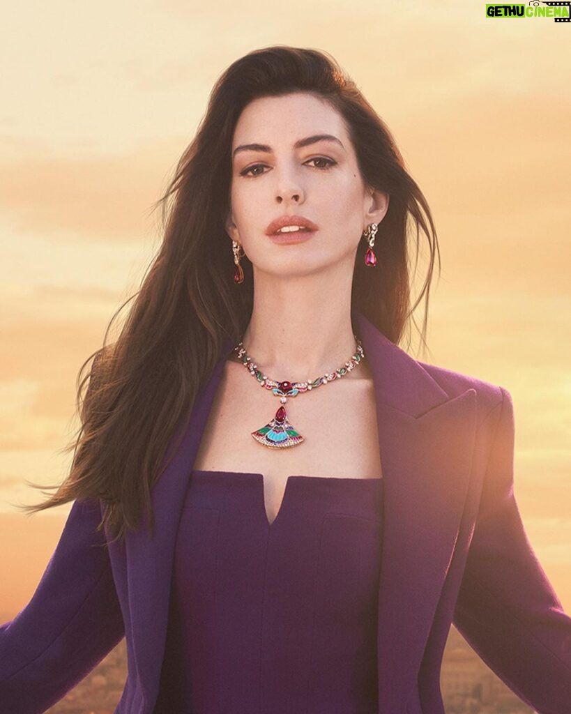 Anne Hathaway Instagram - “With its intricate mosaic design inspired by the Mughal Empire, the Oriental Mosaic necklace symbolizes bold magnificence. It makes you feel as only Bulgari High Jewelry can.” Starring @annehathaway Shot by @davidsimsofficial Video making-of by @atravisio Directed by @maxim.derevianko Music by @guazzonemarco #Bulgari #BulgariHighJewelry #BulgariMediterranea #MagnificenceNeverEnds