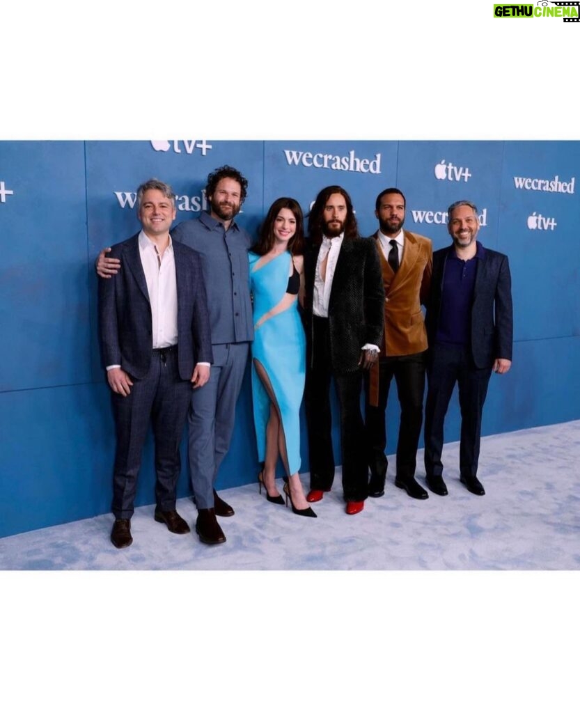 Anne Hathaway Instagram - So grateful to have been on team #wecrashed!! This was such a huge undertaking- during a pandemic, no less- and I am blown away by each and every person who worked on this show- thank you! And to my wild, fun, inspiring partner-in-not-technically-crime @jaredleto, while I can’t say if we successfully elevated the world’s consciousness, you 100% elevated my game. Working with you has been a career highlight, and finally meeting you has been a velvet-clad delight 😊 Tune in to the first three episodes tonight on @appletvplus!