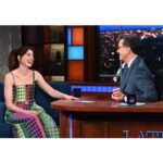 Anne Hathaway Instagram - What a joy to wear the extraordinary @christopherjohnrogers on @colbertlateshow! Thank you so much for having me to talk #WeCrashed and horcruxes. @appletvplus