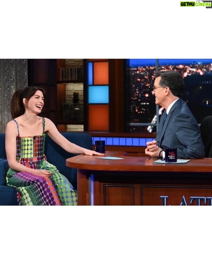 Anne Hathaway Instagram - What a joy to wear the extraordinary @christopherjohnrogers on @colbertlateshow! Thank you so much for having me to talk #WeCrashed and horcruxes. @appletvplus