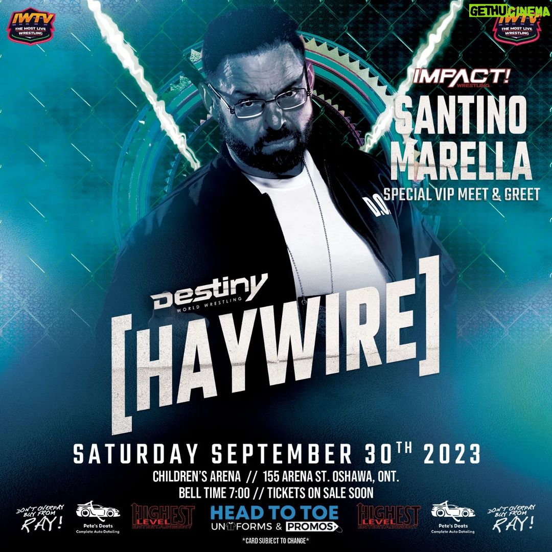 Anthony Carelli Instagram - BIG NEWS - Former WWE Superstar & Current Director Of Authority for Impact Wrestling, Santino Marella will be taking part in our Exclusive VIP Meet & Greet September 30th at our Haywire Tapings in Oshawa! Tickets Go On Sale This Friday via www.destinywrestling.ca #DestinyWorldWrestling #DestinyWrestling #DWW #Haywire #IWTV #IWTVLive #DonKolovArena #ProWrestling #SantinoMarella #DirectorOfAuthority #TheMilanMiracle #MeetAndGreet Children's Arena