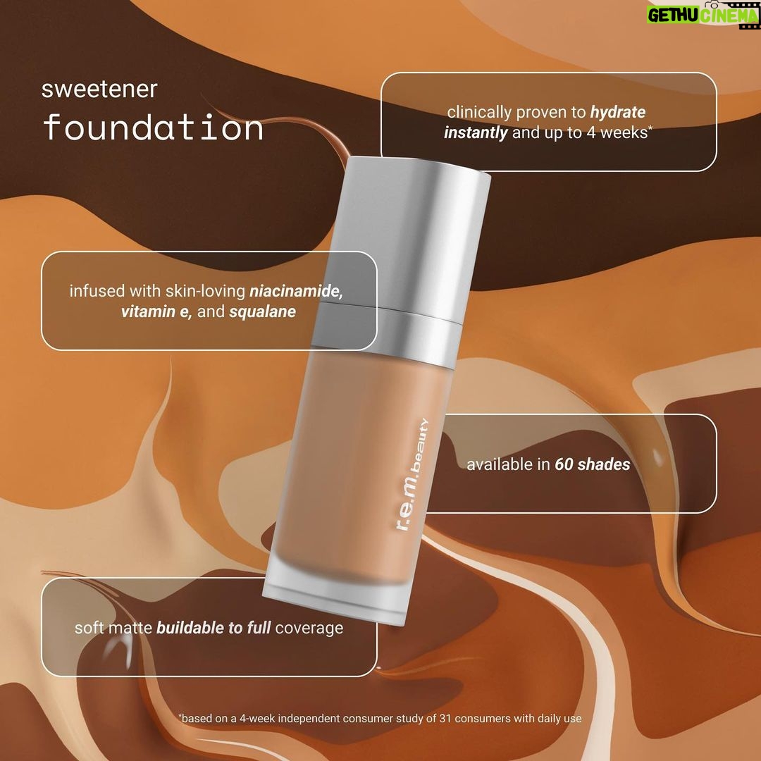Ariana Grande Instagram - at last ! our Sweetener foundation has finally landed at rembeauty.com in 60 shades with our ultra hydrating formula made with niacinamide, raspberry leaf extract, hyaluronic acid and vitamin e. vegan + cruelty free foundation that’s actually skincare ♡ as a hybrid, it has a weightless feel and is longwearing with soft-matte, buildable coverage that leaves skin looking healthier and more radiant! also coming soon to…. 8.27 - @ultabeauty 8.28 - @sephora eu and @theofficialselfridges