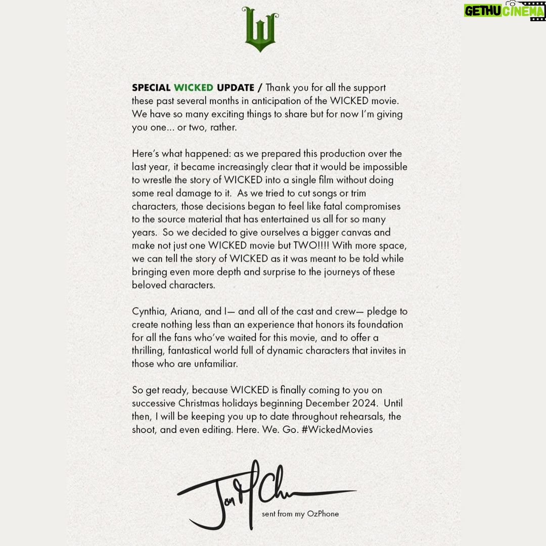 Ariana Grande Instagram - some thrillifying news :) #WickedMovies