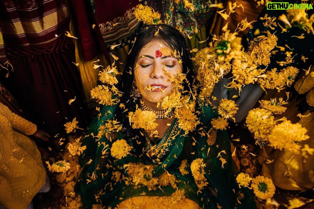 Arjun Kamath Instagram - Memories from a day when the sun came down to play with us. π Nidhi's glorious wedding ceremony was preceded by the most jovial and colourful haldi celebration. The morning was still young and fresh at the Heritage Khirasara Palace of Rajkot. The family was painted in a bright and inciting yellow for the haldi, bringing the scene to life with a riot of colours and celebration. As I walked the vibrant space, I was glad to observe the mirth that filled the air along with all the sparkle and gold. The ladies sang folk songs and danced in circles, the kids played catch in all their liveliness, and Nidhi, laced in grace and charm, was taking in each precious moment as felicity unfurled around her. To my delight, these pictures reflect the pure joy that filled the room that morning. Each moment bursted with colour and energy, and I was grateful to revel in its glory as I froze those precious emotions in time. Today, when I see these photographs, I can't help but transport myself back to that sprightly morning and feel the bliss I felt then all over again. Nidhi+Shirish, February 2022 #CapturedOnCanon with a @canonindia_official EOS R5 with a CanonRF 24-70 f/2.8 L USM #weddinng #weddingphotography #weddingphotographer #weddingflowers #haldiceremony #haldi #indianwedding #arjunkamathphotography #rajkot #DoGreatWithCanon #MentorsInFocus #EOSMaestro #instagood #instagram