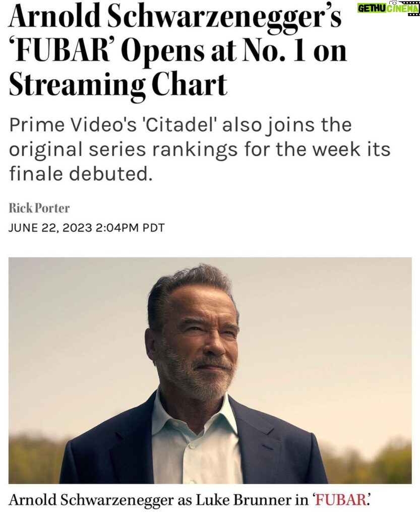 Arnold Schwarzenegger Instagram - Wow. Not just @netflix. #1 everywhere. Thank you all for making FUBAR a huge hit. I can’t wait for Season 2!