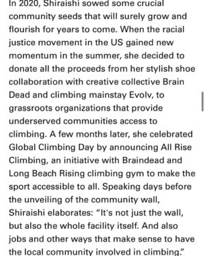 Ashima Shiraishi Instagram - ✨it was such a joy to be able to fuse community, climbing, fashion, art and storytelling through this project ✨ 

Shoutout to : @memphisroxclimbing , @allriseoutdoors , @wearebraindead , @evolv_worldwide .

Publication - @highsnobiety
Writer - @lifeforces_bonka
Photography - @pegahfarah
Styling - @ronnie_hart
Producer - @williamgalusha
Makeup - @ayaka_nihei
