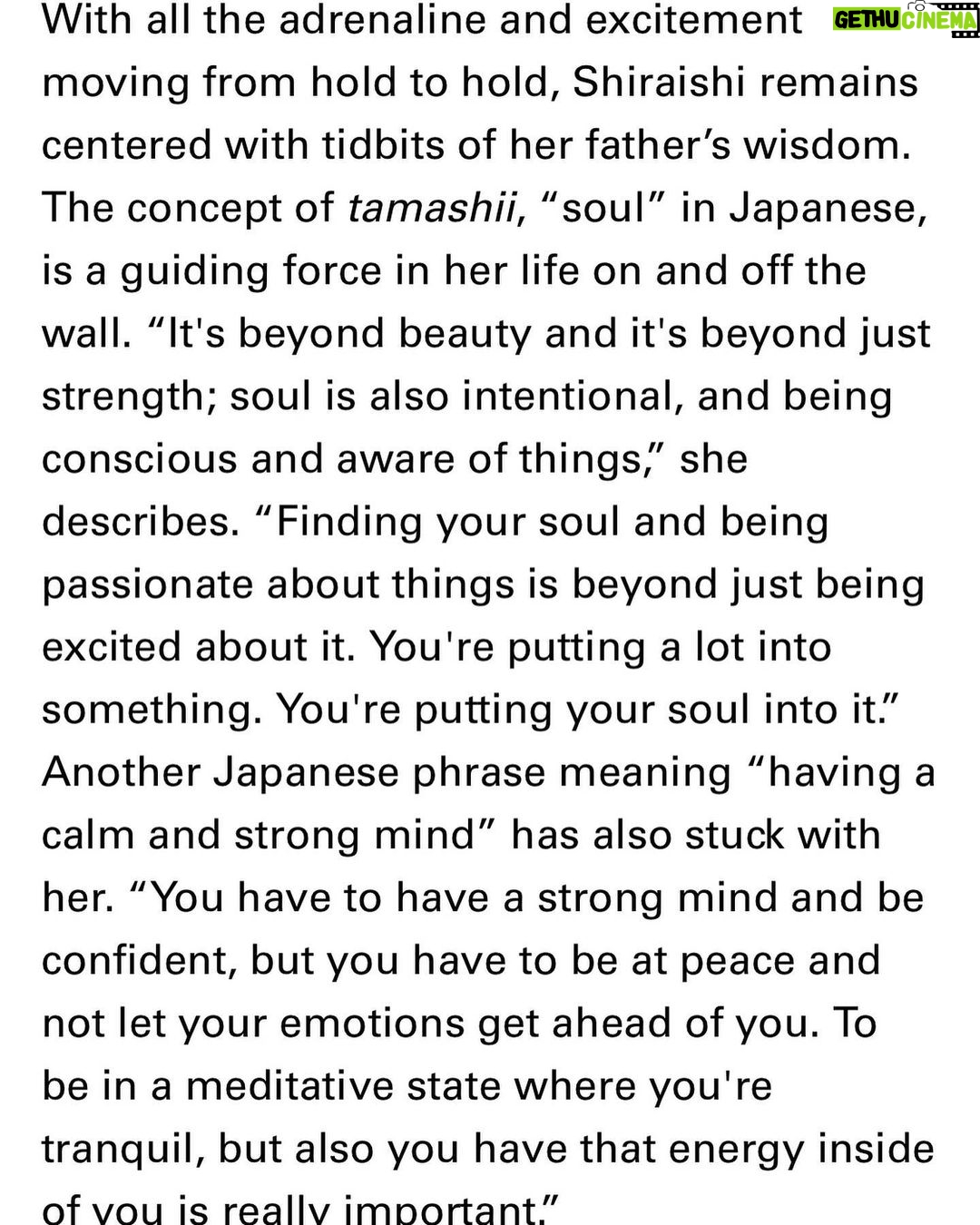 Ashima Shiraishi Instagram - My father avidly practiced meditation and controlling his mind (or lack thereof) when he was a Butoh dancer. While he rarely set foot onto the climbing wall, he coached me to strengthen my mind and taught me many forms of mental discipline. Some of the most important lessons I’ve held on to circle back to 魂 - tamashi, which translates to “soul” in Japanese. Publication - @highsnobiety Writer - @lifeforces_bonka Photography - @pegahfarah Styling - @ronnie_hart Producer - @williamgalusha Makeup - @ayaka_nihei