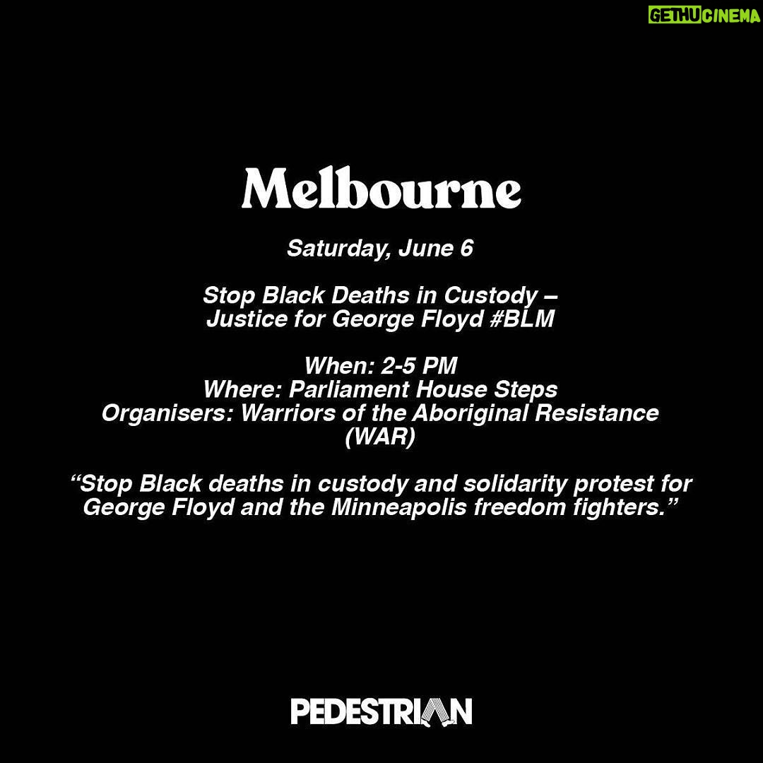 Ashleigh Cummings - 1.6K Likes - WARNING: this post contains names of deceased people.
AUSTRALIA!! To protest systemic racism and the deaths of people like George Floyd and David Dungay Jr who both said in their final moments, “I can’t breathe” to police, mask up, keep 1.5m apart and use your voice! I’ll be joining you in spirit ❤️💛🖤 Remember: Black, Indigenous and POC communities are disproportionately affected by the virus so please take ALL precautions so we don’t perpetuate the injustices we’re fighting.
Repost from @pedestriantv
•
Protests in support of George Floyd, #BlackLivesMatter and Indigenous deaths in custody are being organised around the country – here's where to find them. More details at the link in bio.