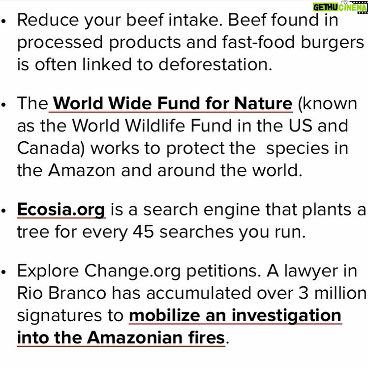 Ashleigh Cummings Instagram - The “lungs of our earth” are on fire. If our earth can’t breathe, neither can we. Did you know this ecosystem ALONE provides 20% of the oxygen in Earth’s atmosphere & 10% of all known species? It is vital to ALL life on Earth. Swipe right to find out ways you can help... like reducing your consumption of animal products (most of these fires were initially lit to clear land for cattle) or even go plant-based (but check your soy and almond sources)! And support indigenous communities who are at the forefront of this fight (they’re fighting for ALL of us! See tags below)... Know that your voices & actions really do matter - on both an individual & political scale 💚 @guajajarasonia @coiabamazonia @amazonwatch @amazonconservationteam @amazonfrontlines @greenpeacebrasil @ConservationOrg #PeopleNeedNature Excerpts from an array of literature on the matter... (not my words!) Wildfires often occur in the dry season in Brazil, but this year has been worse than normal. Fires are deliberately started in efforts to illegally deforest land for cattle ranching. 72,000 fires have been detected between January and August & more than 9,500 forest fires since Thursday, mostly in the Amazon region. In comparison, there were fewer than 40,000 in the whole of 2018. So the two scariest numbers for understanding the fires are this: There are 80 percent more fires this year than there were last summer, according to the Brazilian government. This surge in burning has accompanied a spike in deforestation. More than 1,330 square miles of the Amazon rainforest have been lost since January, a 39% increase over the same period last year, according to The New York Times. Why are these figures so important? Because Brazil’s political leadership has changed in the past year. On January 1, Jair Bolsonaro, a far-right populist who has openly pined for his country’s authoritarian past, was sworn in as president. During his campaign, he promised to weaken the Amazon’s environmental protections—which have been effective at reducing deforestation for the past two decades—and open up the rainforest to economic development. (Cntd in comments)