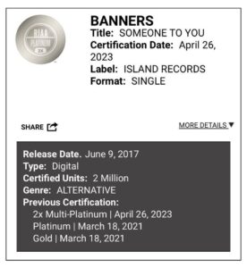 Banners Instagram - Someone to You went double platinum in the US and I was the Heardle too. Let’s face it I’ve peaked and now I’ve gotta come to terms with that….also thank you for everything everyone. I really love you. ❤️