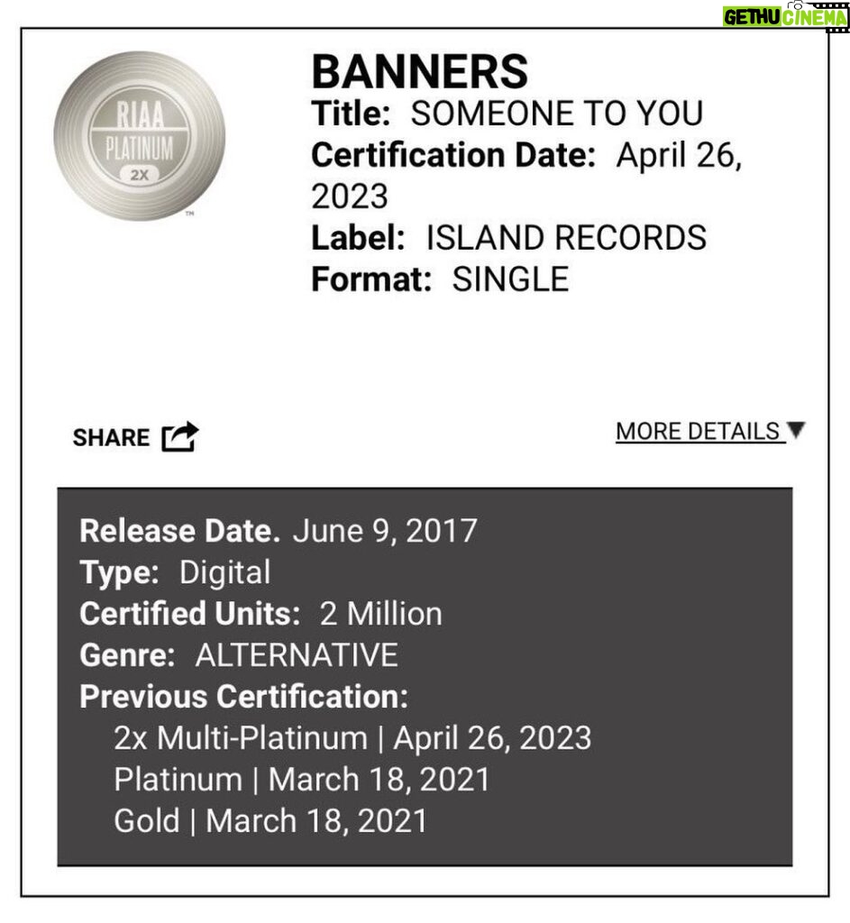 Banners Instagram - Someone to You went double platinum in the US and I was the Heardle too. Let’s face it I’ve peaked and now I’ve gotta come to terms with that….also thank you for everything everyone. I really love you. ❤️
