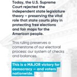 Barack Obama Instagram - Today, the U.S. Supreme Court has ruled in favor of North Carolina voters in Moore v. Harper. They rejected the fringe independent state legislature theory that threatened to upend our democracy and dismantle our system of checks and balances by giving state legislatures near-total control of federal election laws. This ruling is a resounding rejection of the far-right theory that has been peddled by election deniers and extremists seeking to undermine our democracy. And it makes clear that courts can continue defending voters' rights — in North Carolina and in every state. Thanks to the National Redistricting Foundation and Eric Holder for helping make this happen.