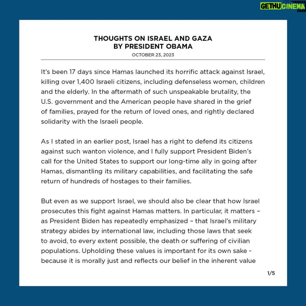 Barack Obama Instagram - I wanted to share some thoughts on what’s happening right now in Israel and Gaza.