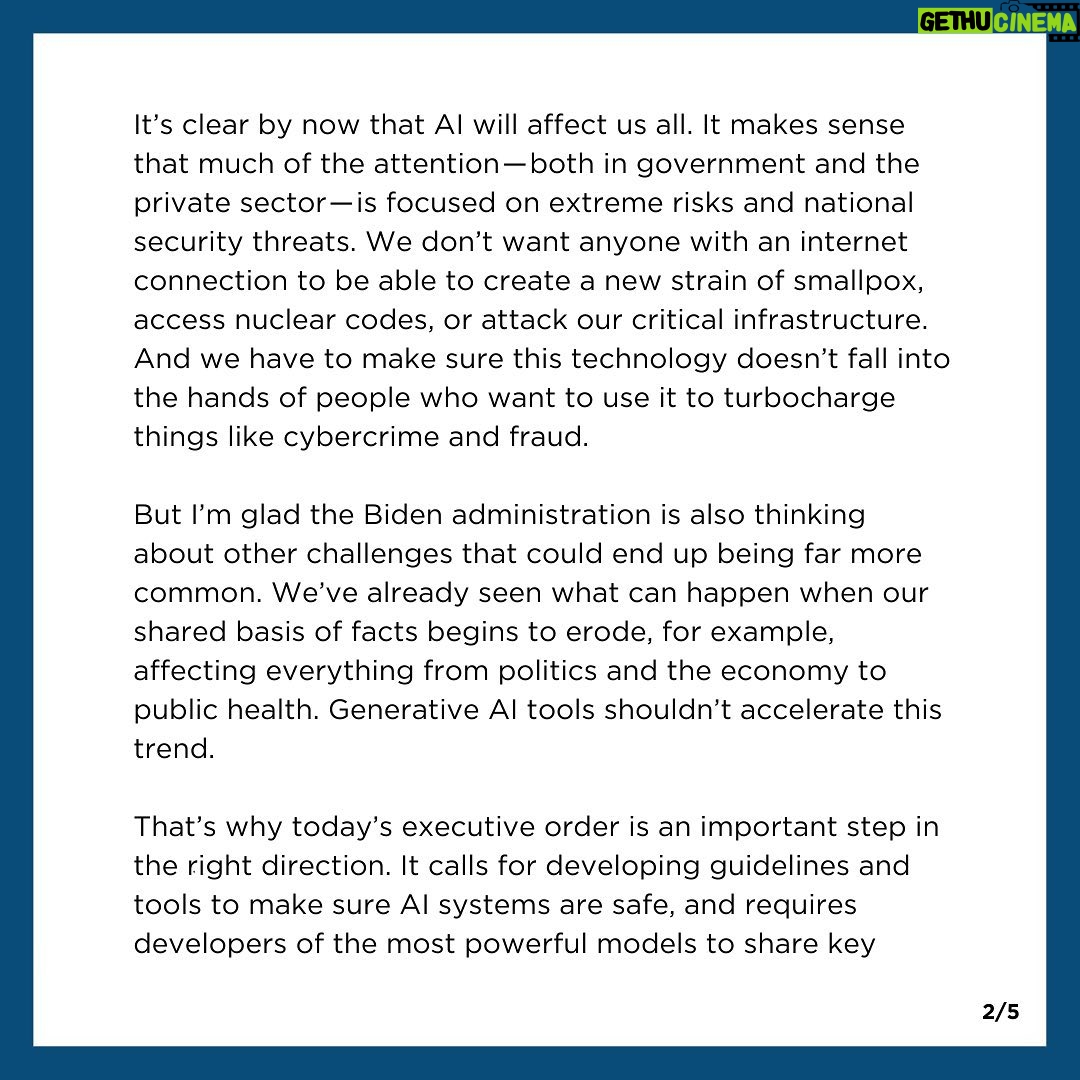 Barack Obama Instagram - Artificial Intelligence has the potential to change the way we work, learn, and create. I'm glad to see @POTUS Biden signing an executive order on AI designed to encourage innovation while avoiding some of the biggest risks. Congress should follow his lead and look to his executive order for opportunities to fund this work.