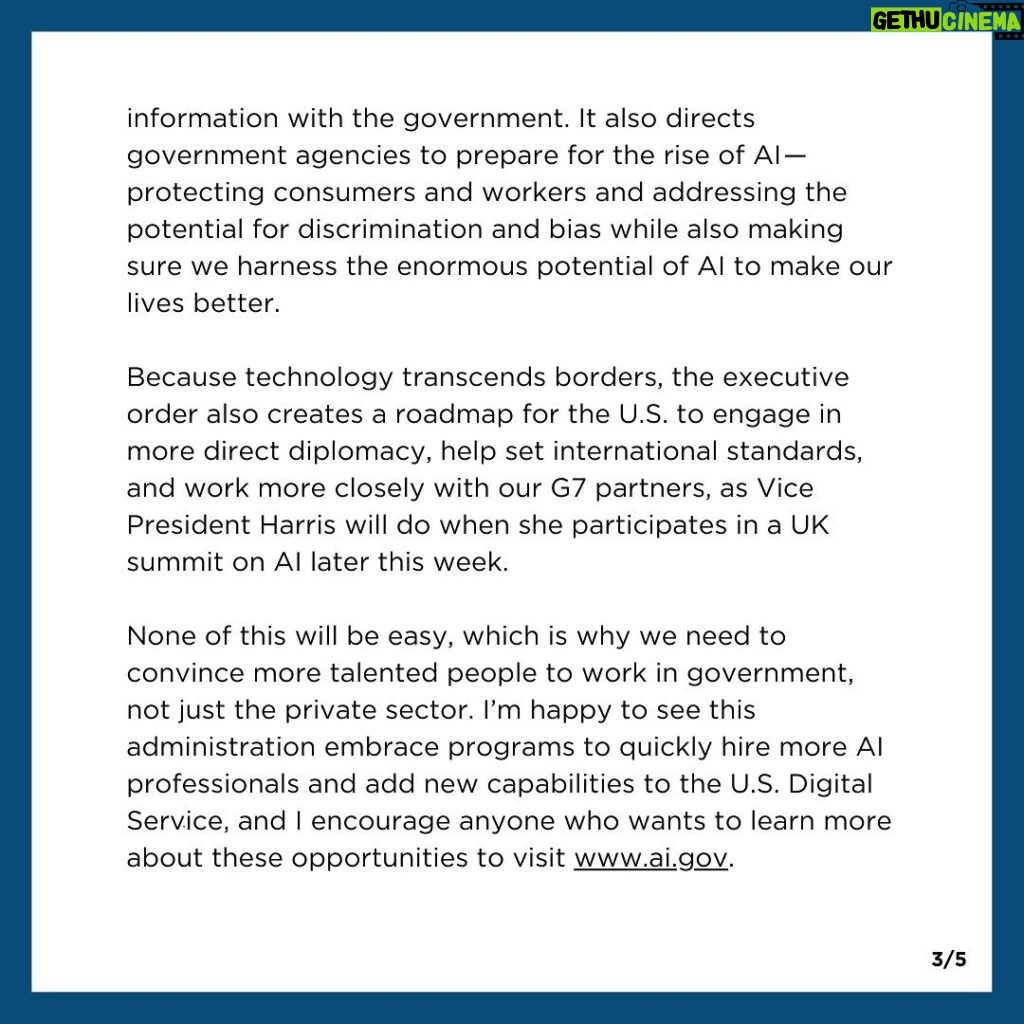 Barack Obama Instagram - Artificial Intelligence has the potential to change the way we work, learn, and create. I'm glad to see @POTUS Biden signing an executive order on AI designed to encourage innovation while avoiding some of the biggest risks. Congress should follow his lead and look to his executive order for opportunities to fund this work.