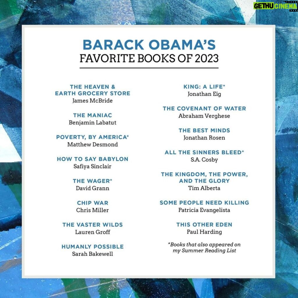 Barack Obama Instagram - As I usually do during this time of year, I wanted to share my favorite books, movies, and music of 2023. First up, here are the books I’ve enjoyed reading. If you’re looking for a new book over the holidays, give one of them a try. And if you can, shop at an independent bookstore or check them out at your local library. What were some of your favorite books this year?