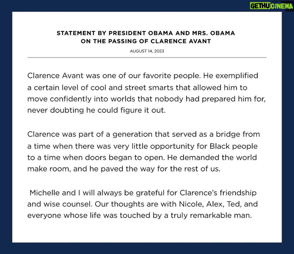 Barack Obama Instagram - Michelle and I will always be grateful for Clarence’s friendship and wise counsel. Our thoughts are with his family and everyone whose life was touched by a truly remarkable man.