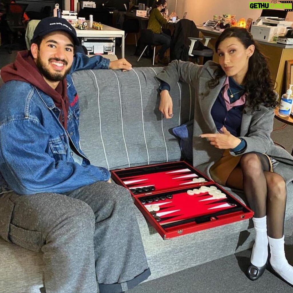 Bella Hadid Instagram - season 3: @ramy on HULU now ! with the incredible, hardworking , hysterically funny & talented @thesteveway 🖤 i am learning more and more veryday , but so bloody grateful for this opportunity… thank you to the entire @ramy production @a24 @calamawy @comeonekamal and most of all, my friend , Ramy …. 🖤