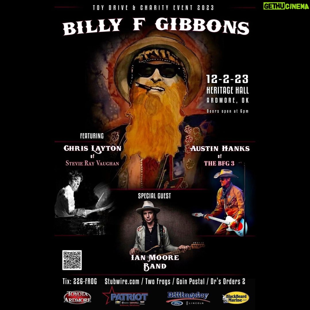 Billy Gibbons Instagram - TOY DRIVE 2023 BILLY F GIBBONS FEATURING: CHRIS LAYTON of STEVIE RAY VAUGHAN / ARC ANGELS / STORYVILLE ON DRUMS & AUSTIN HANKS on BASS W/ SPECIAL IAN MOORE BAND https://www.stubwire.com/event/billyfgibbonswianmoorebandtoydrive2023/heritagehall/ardmore/30703/ LINK IN BIO