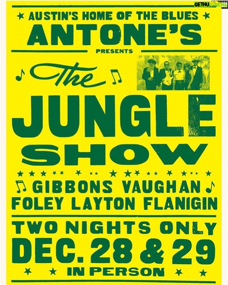 Billy Gibbons Instagram - Repost from @antonesnightclub • LOW TICKET ALERT 🚨 The Jungle Show starring Billy F. Gibbons, Mike "The Drifter" Flanigin, Chris "Whipper" Layton, Sue Foley, and very special guest Jimmie Vaughan returns to Antone's December 28 & 29! Both shows are almost sold out, find tickets at antones.com ⚡ Poster by @globeatmica.