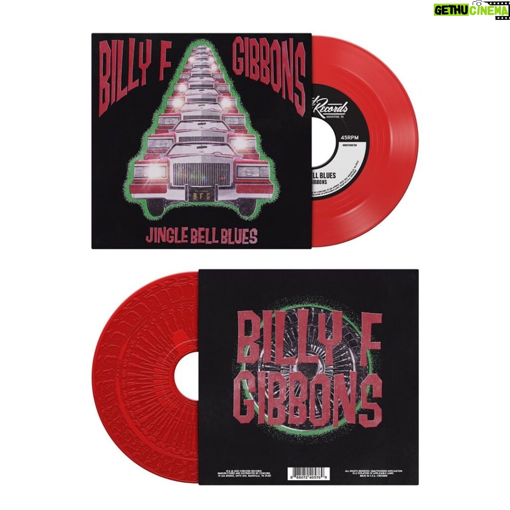 Billy Gibbons Instagram - This is the “Jingle Bell Blues” 45 RPM red translucent vinyl. Pressed on one side is the track and the flip side is an etched surface that replicates the sidewall of a bias ply tire with raised letters spelling out the song title and Billy’s name. Available only at: https://found.ee/BillyFGibbons_JingleBellBlues45 Link in bio