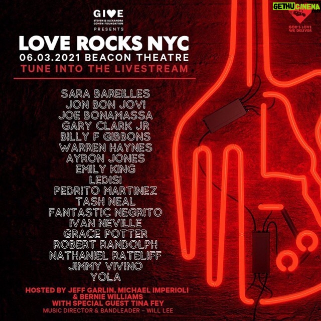 Billy Gibbons Instagram - Tonight livestream at 8pm ET Repost from @godslovenyc • #LoveRocksNYC is TOMORROW NIGHT, livestreamed from the @beacontheatre, at 8PM! Presented by @CohenGive, the concert will be an awesome night of rock & roll, giving back, and paying tribute to the NYC frontline heroes who have played a critical role in supporting the city during the pandemic. 🎸🎵 Save this livestream to tune in: godslovenyc.org/loverocksnyclivestream And get ready to rock out to: @sarabareilles, @jonbonjovi, @joebonamassa, @garyclarkjr, @billyfgibbons, @warrenhaynes, @ayronjonesmusic, @emilykingmusic, @ledisi, @pedritomartinezmusic, @tashneal @fantasticnegrito, @ivanneville, @graciepotter, @rrtfb, @nateratefliff, @jimmyvmusic, @iamyola Hosted by @jeffgarlin, realmichaelimperioli, berniewilliamsofficial with special guest #TinaFey Music Director and Bandleader @unclewilllee