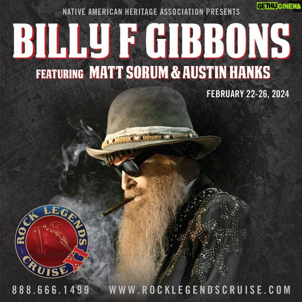 Billy Gibbons Instagram - Come rock the waves with us onboard Rock Legends Cruise XI cruising February 22 - 26, 2024 from Miami, FL to Puerto Plata, Dominican Republic. All benefiting The Native American Heritage Association. Book your cabins NOW before they are all gone at www.rocklegendscruise.com
