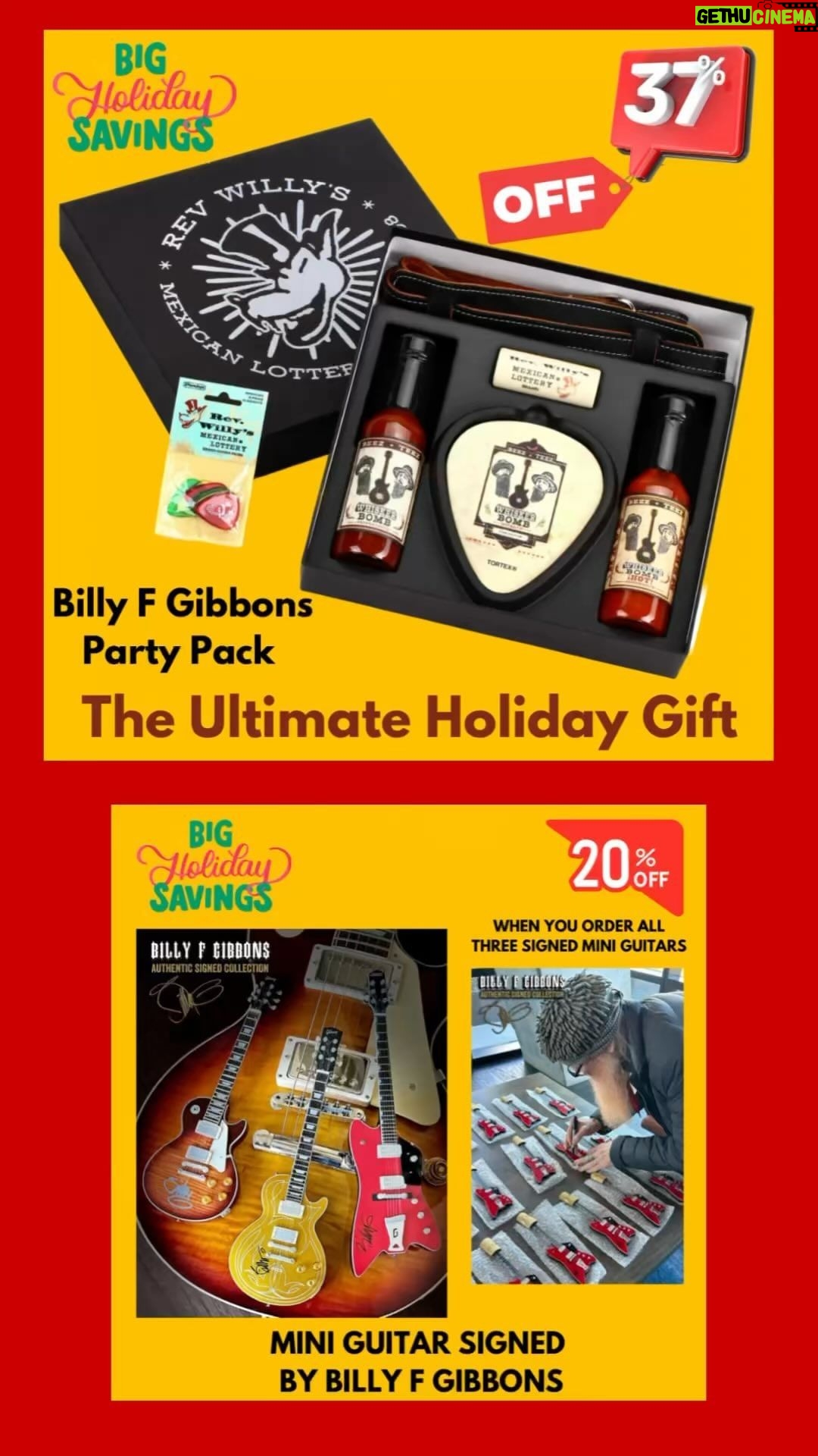Billy Gibbons Instagram - Big Holiday Savings in the @billyfgibbons store! Party packs, signed mini guitars, holiday ornaments, limited edition signed art and more! #billygibbons #bfg #zztop #holiday #gift #guitar #signed #art #sale