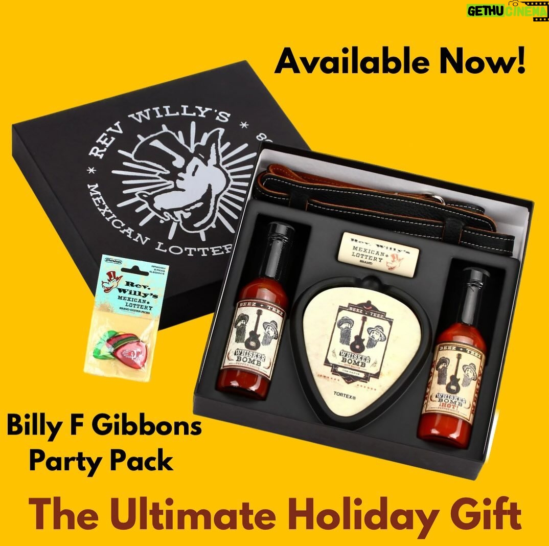 Billy Gibbons Instagram - Have mercy! Get your @billyfgibbons Party Pack with picks, strap, slide, coasters, and two bottles of Billy’s hot sauce in the Holiday Store. #billygibbons #bfg #dunlop #party #hotsauce #giftideas #hotsauce La Grange, Texas