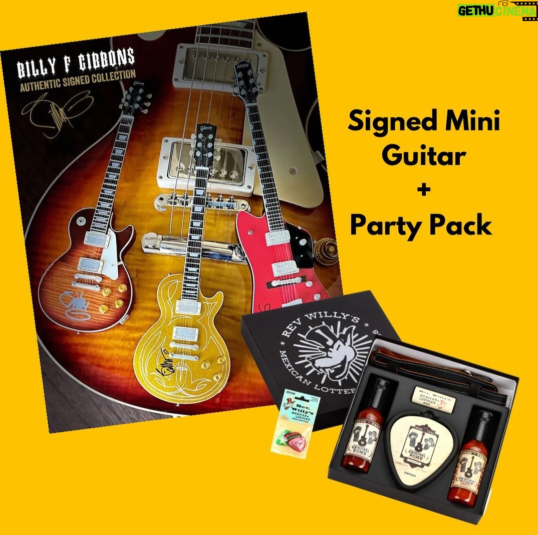 Billy Gibbons Instagram - Have mercy! Get your @billyfgibbons Party Pack with picks, strap, slide, coasters, and two bottles of Billy’s hot sauce in the Holiday Store. #billygibbons #bfg #dunlop #party #hotsauce #giftideas #hotsauce La Grange, Texas