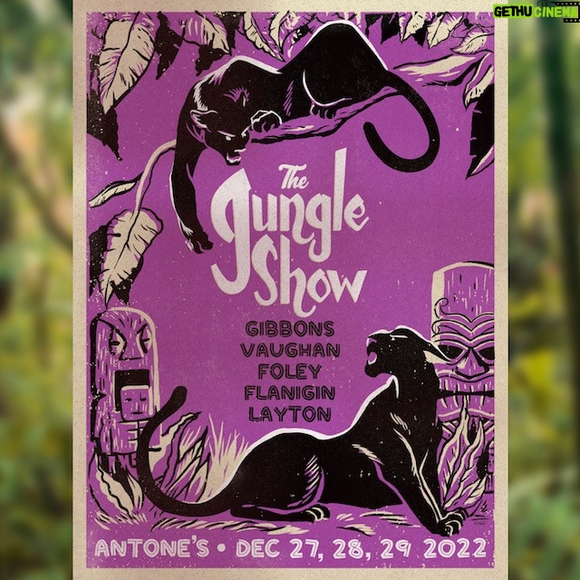 Billy Gibbons Instagram - THE JUNGLE SHOW: Official 2022 poster! Available at all the shows. Join us as, this year, we transform @antonesnightclub into a 1960’s Tiki Bar paradise! 3 big nights of The Jungle Show starring Billy F Gibbons, Jimmie Vaughan, Mike 'The Drifter' Flanigin, Sue Foley, and Chris "Whipper" Layton ⚡ DEC 27: bit.ly/3SduMVc DEC 28: bit.ly/3fefCjI DEC 29: bit.ly/3BFlESa link in bio Poster by @ottawagigposters