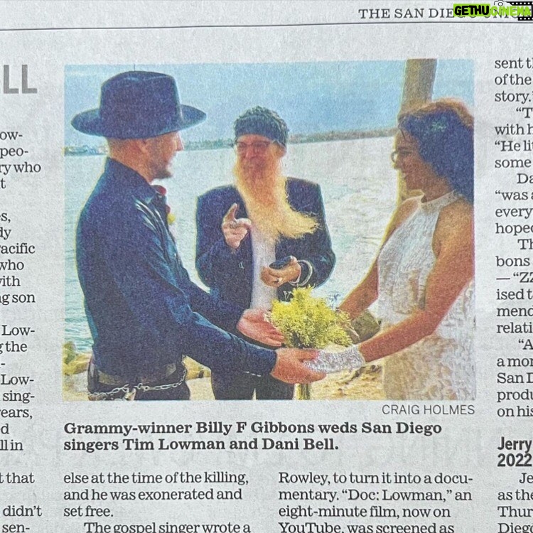 Billy Gibbons Instagram - Repost from @lowvolts • Thanks so much to the historical @sandiegouniontribune for the killer story about @dancybell and I’s wild wedding featuring @billyfgibbons @zztop !! 💍⚡️#stillglowing ✨ https://www.sandiegouniontribune.com/columnists/story/2022-09-17/billy-the-rev-gibbons-marries-two-s-d-singers