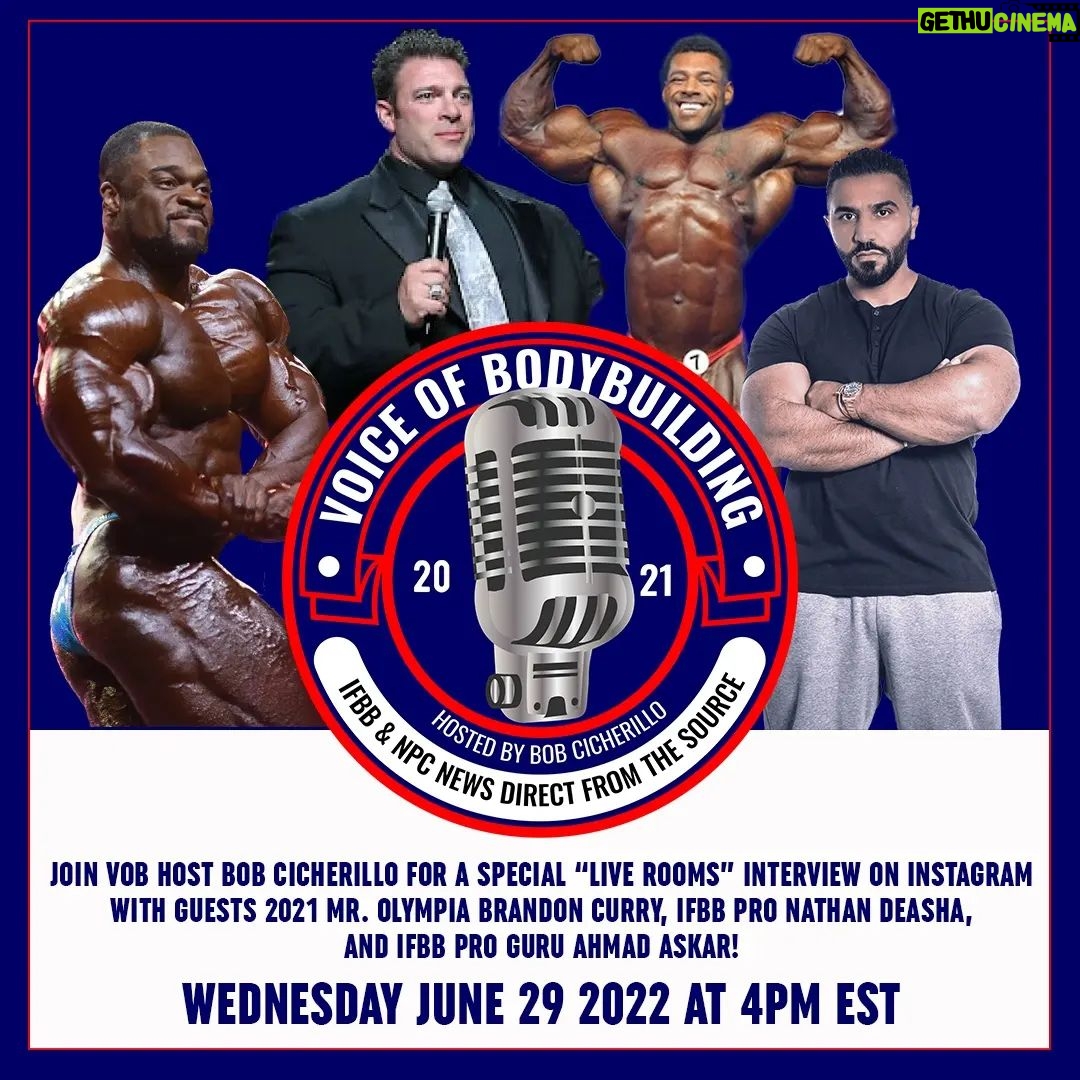 Bob Cicherillo Instagram - Join me and the boys WEDNESDAY @4PM. We're talking DUBAI PRO in Oct., OLYMPIA , updates in the world of BB!!