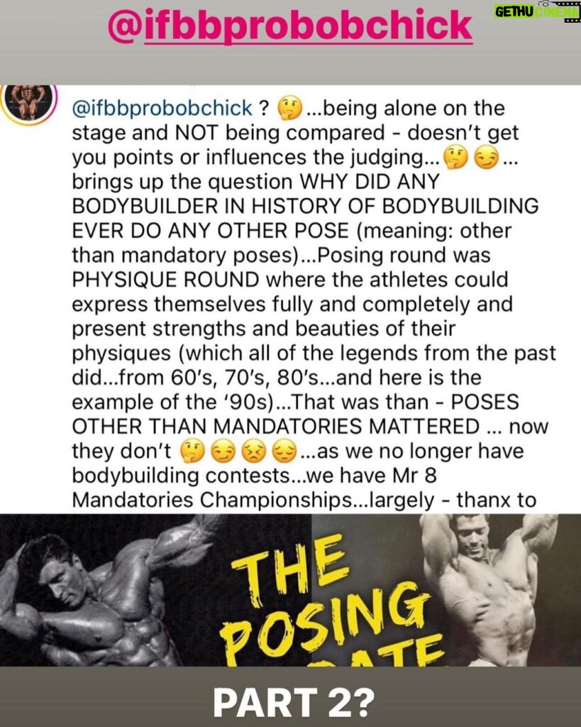 Bob Cicherillo Instagram - Just to make sure my POINT is heard @ifbbprobobchick 😉. Why did any of us back in a day came up with ANY of our signature poses and couldn’t wait to present them…if we knew that those poses DID NOT MATTER? And more important question is: SHOULD THEY (ONCE AGAIN) - MATTER?!? Or we are really reducing whole bodybuilding into MR 8 MANDATORY POSES?
