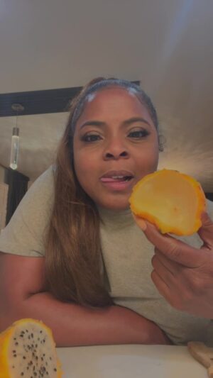 Brely Evans Instagram - Dragon Fruit!! Yellow is my favorite… but be careful if you eat the whole thing you will be in the bathroom🤣🤣well that might be a good thing! Visit BrelyEvans.com for Jumpsuit and Tickets! Link in bio!