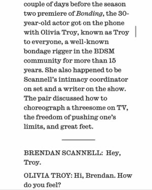 Brendan Scannell Instagram - Got to stand in a field and talk about @bondingnetflix @repsonset and intimacy coordination with my incredibly talented friend and coworker @oliviatroy for @interviewmag 
Photo @ryanpfluger 
Style @aubreybinzer 
HMU @sonialeeartistry 
Words @the_internest 

Full interview in bio
Editor-in-Chief @nickkharamis 
Creative Director @melzy917 
Digital Editor, @sthechamp 
Photo Director, @_mq______