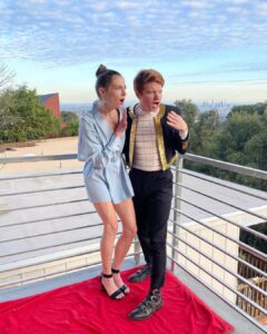 Brendan Scannell Instagram - It’s not a Hollywood premiere without a red beach towel and two covid tests babes!! Go watch @bondingnetflix ya freaks! Jacket vintage @moschino and pants sewed by me with fabric from the one and only @joann_stores of Glendale, CA Hollywood, California