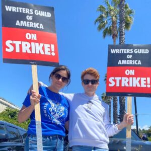Brendan Scannell Instagram - We are on strike demanding to be paid for the value we create for the wildly profitable companies that control the entertainment industry 🤡 We are demanding fair residuals when the shows we work on are successful 🤑 We are demanding the end to explotative pre-greenlight rooms and anti-labor gig economy practices taken from the tech industry that turn writing for some the richest companies in America into a part-time job 🧟‍♂️ And we’re doing it looking good!! Survival is Insufficient #wgastrong