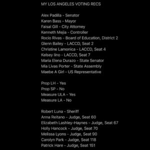 Brennan Lee Mulligan Instagram - 🚨🚨🚨VOTE TODAY! 🚨🚨🚨

Where is my polling place? Find it here!
https://www.vote.org/polling-place-locator/

Am I registered? Find out here!
https://www.vote.org/am-i-registered-to-vote/

If I’m not already registered, can I still vote?
If you live in one of the following states, YES! These states allow you to register *and* vote same day, even on Election Day: California, Colorado, Connecticut, Hawaii, Idaho, Illinois, Iowa, Maine, Maryland, Michigan, Minnesota, Montana, Nevada, New Hampshire, New Mexico, Utah, Vermont, Virginia, Washington, Washington D.C., Wisconsin, Wyoming.
North Dakota does not have voter registration, just show up with ID.

The following states have mail-in ballots: California, Colorado, Hawaii, Nevada, Oregon, Utah, Vermont, and Washington. If you got a ballot in the mail, you can fill it out and drop it off at your polling place. If you never received one or lost it, you should still go to the polls and ask a poll worker for help voting.

Who should I vote for?
For Los Angeles, I used ( https://dsa-la.org/voter-guide/ ) and ( https://knock-la.com/los-angeles-progressive-voter-guide/ ). This is the DSA’s list of national endorsements ( https://electoral.dsausa.org/our-endorsements/ ).
I will be voting for whichever candidate has the better track record of protecting abortion rights, preserving the environment, fighting for racial justice, defending LGBTQ citizens, delivering for the homeless, taxing the rich and stopping open ethno-theocratic fascists from taking control of the country. If those are your values too, I encourage you to do research about which candidates have the best history of fostering them. If you don’t have time to do research, look up progressive voter guides for your area from sources or friends you trust. If you don’t have time for that either, vote a straight Democratic ticket and call it a day!

MY LA RECS IN PHOTOS!
